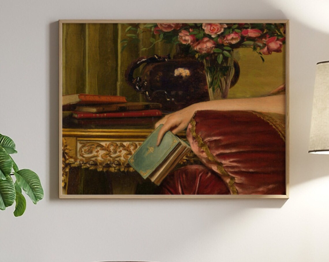 Classical Oil Painting Woman Reading Book with Roses and Teapot Poster