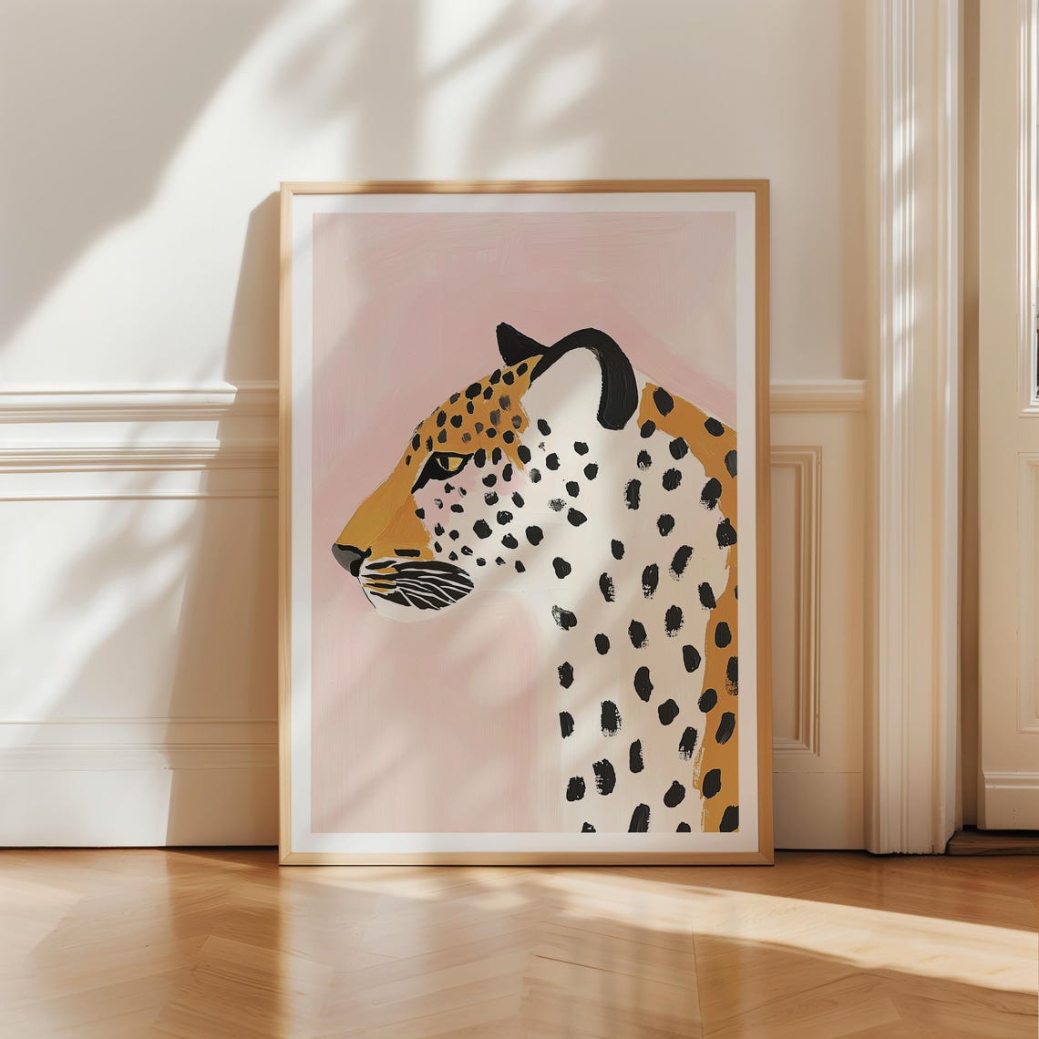 Stylized Cheetah Portrait Art Print with Spots on Blush Pink Wall