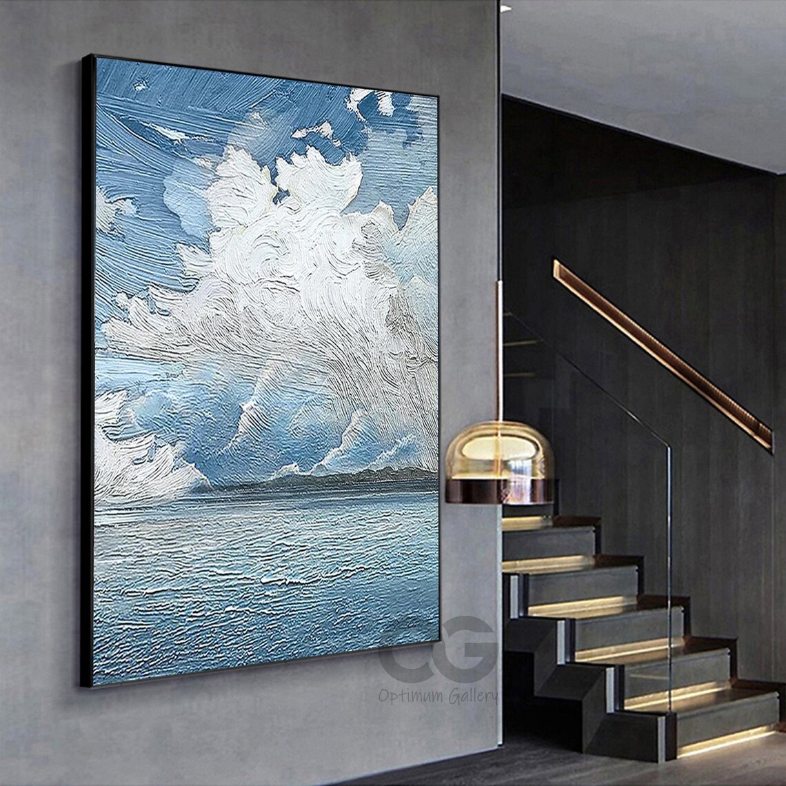 Blue Sky White Clouds Ocean Waves Textured Impasto Modern Painting Wall Art - Image 5
