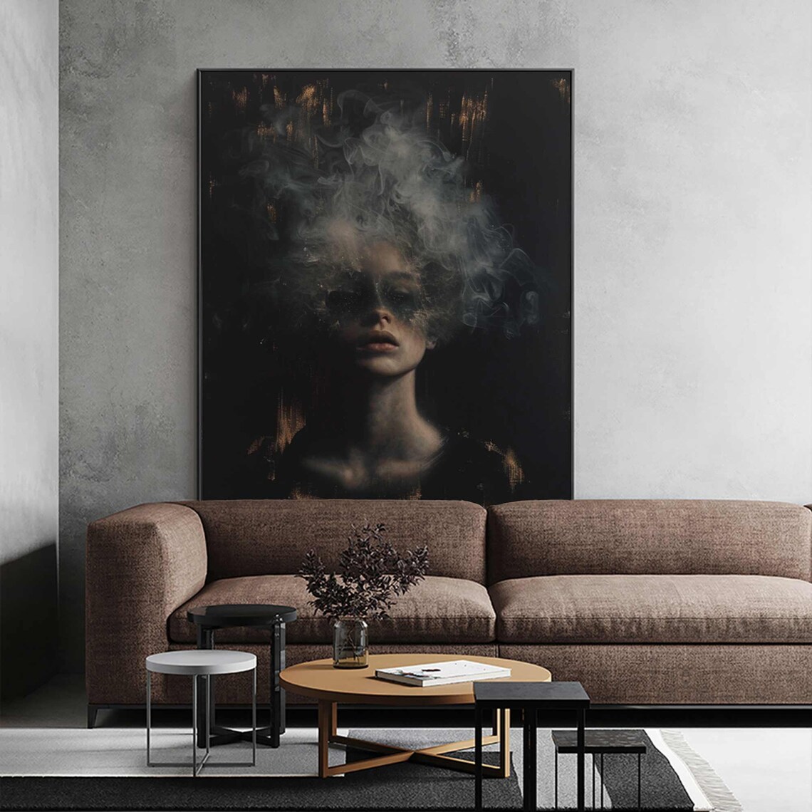 Dark Moody Woman Portrait Smoke Cloud Ethereal Black Gold Abstract Poster - Image 4