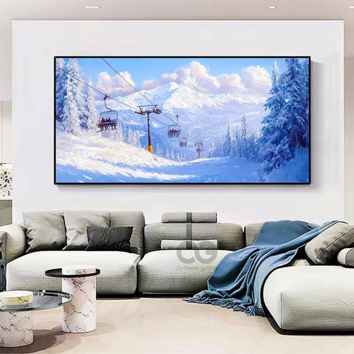 Gondola Cabins Snowy Ski Slope Tall Pines Blue Sky Mountain Poster - Image 3