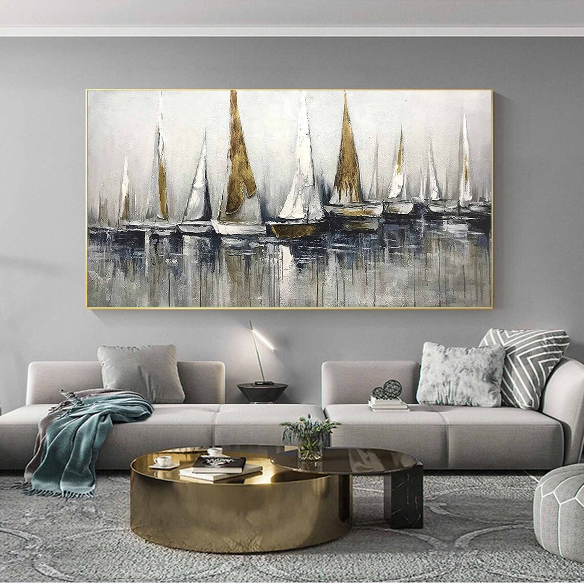 Grey Gold Sailboat Harbor Reflection Panoramic Abstract Sailing Wall Poster - Image 4