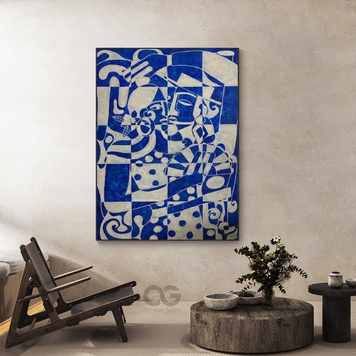 Cobalt Blue Beige Geometric Faces Abstract Checkered Pattern Art Poster - Image 3