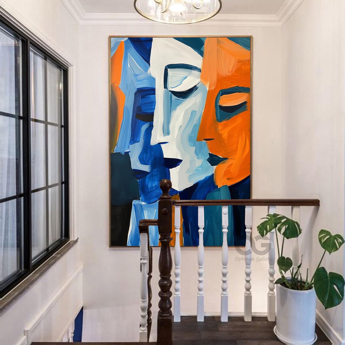 Dual Abstract Faces Blue White Orange Bold Brushstroke Cubist Art Poster - Image 4
