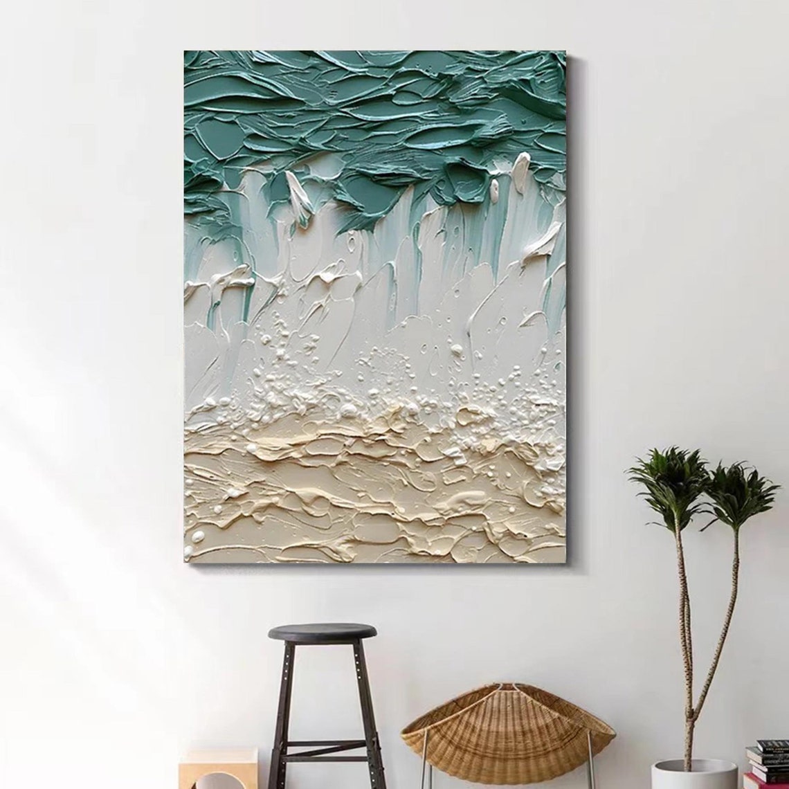 Teal White Sand 3D Textured Beach Vertical Ocean Wave Painting Poster - Image 4