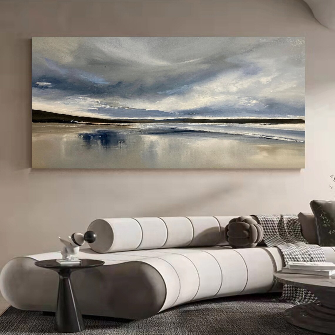 Grey Cloudy Beach Seascape Moody Shore Reflection Panoramic Wall Poster - Image 2
