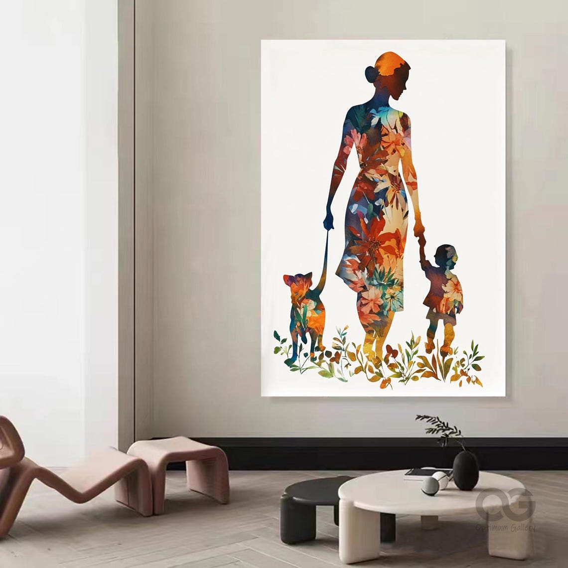 Abstract Colorful Silhouette Of Mother Child And Dog Floral Dress Simple Line Wall Art Gift For Girl Textured Modern Abstract Art Wall Decor - Image 2