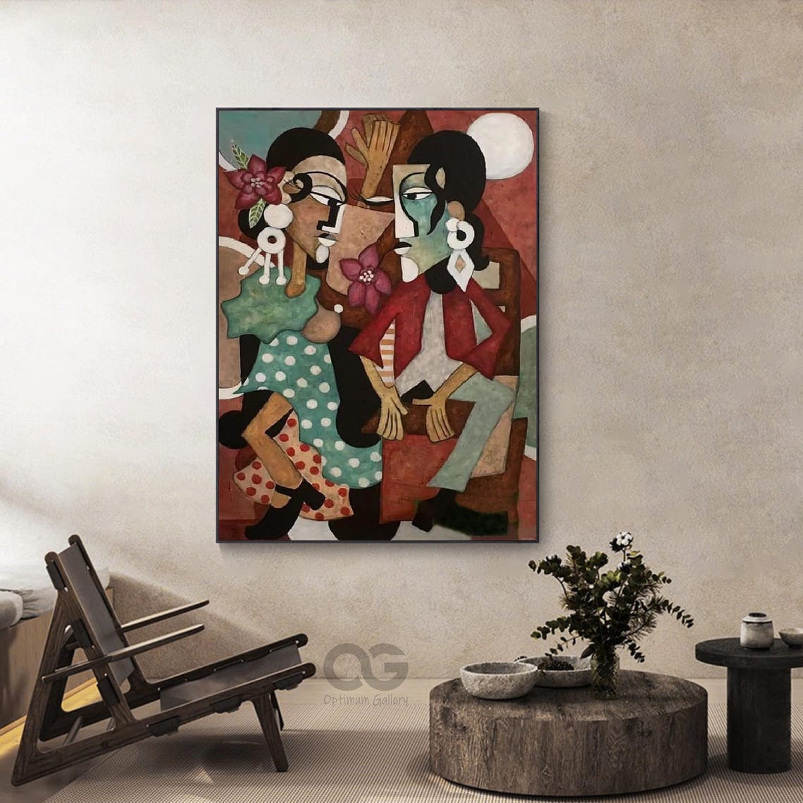 Large Abstract Ladies Painting Brown And Green Woman Painting Woman Face Artwork Picasso Style Portrait Painting Figurative Art Wall Decor - Image 3