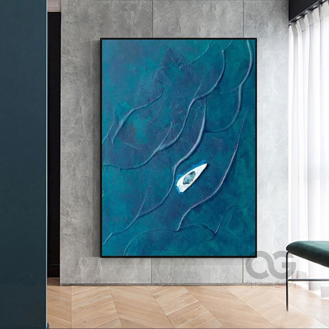 Turquoise Aerial Ocean White Canoe Abstract Minimalist Painting Wall Art - Image 4
