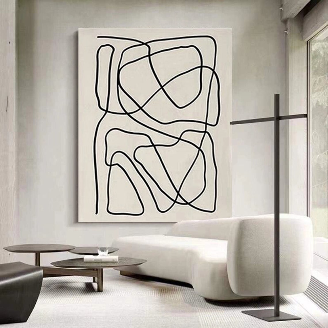 Black Continuous Line Abstract Cream Minimalist Scribble Art Poster - Image 4