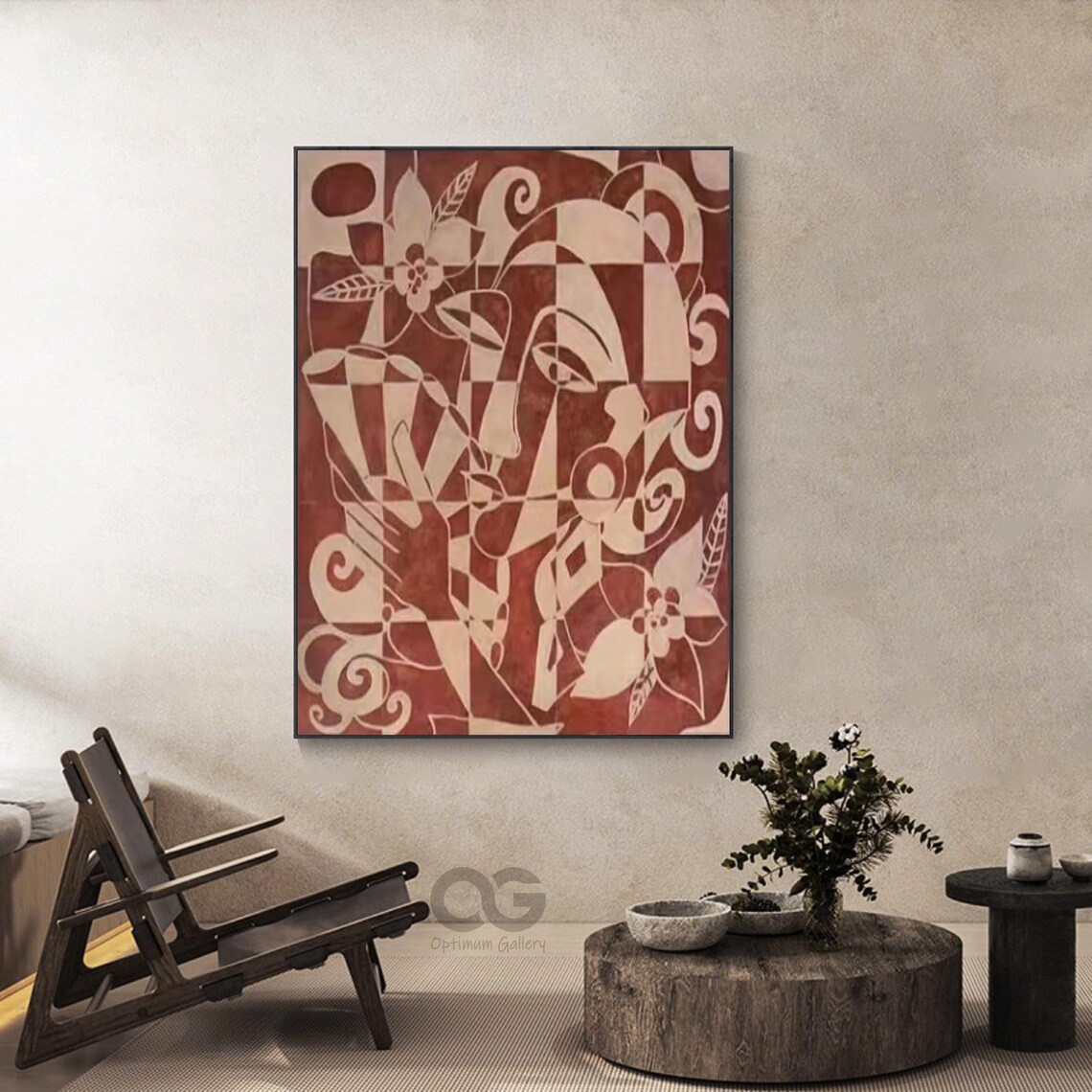 Terracotta Red Beige Line Art Face Abstract Floral Swirl Geometric Poster - Image 3