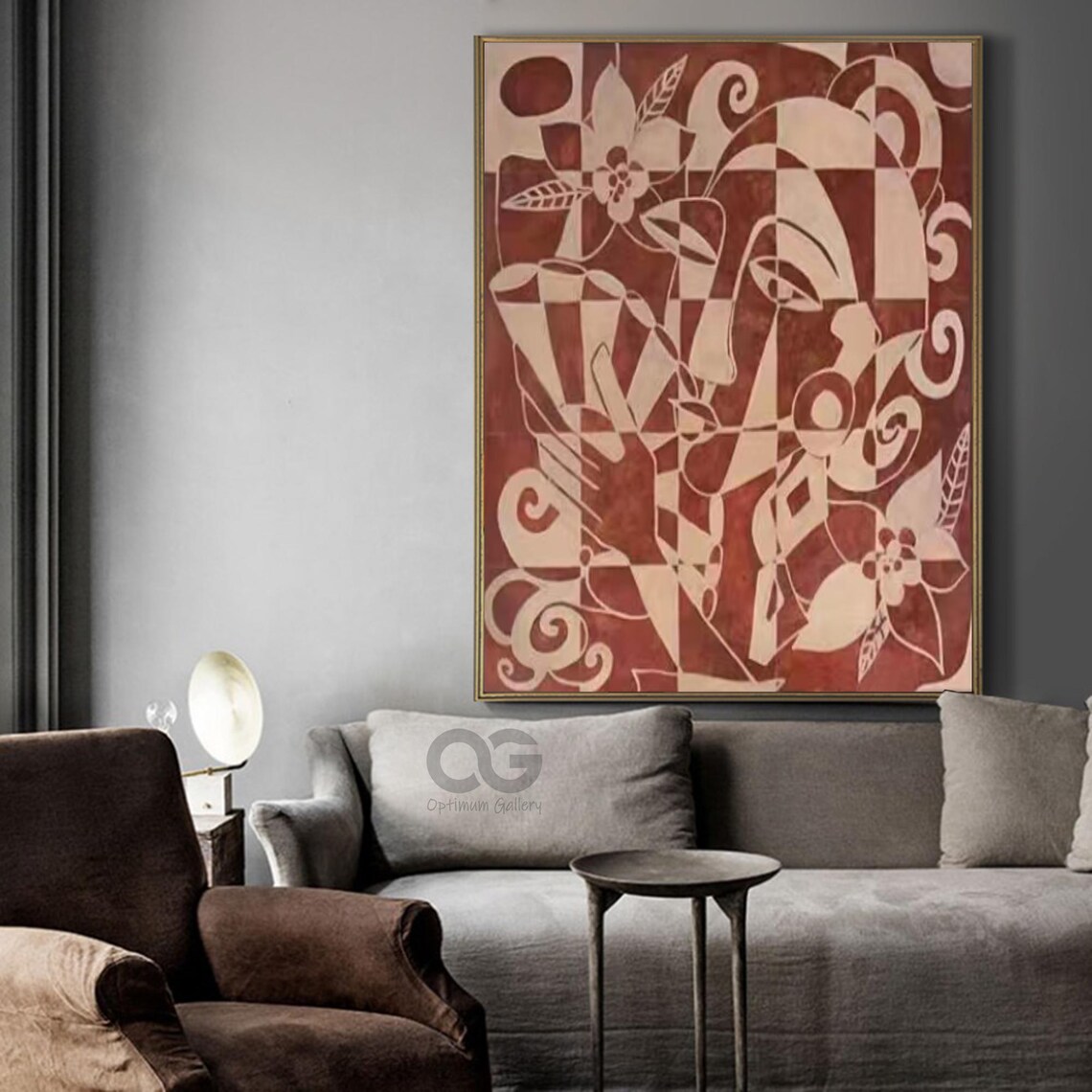 Terracotta Red Beige Line Art Face Abstract Floral Swirl Geometric Poster - Image 5