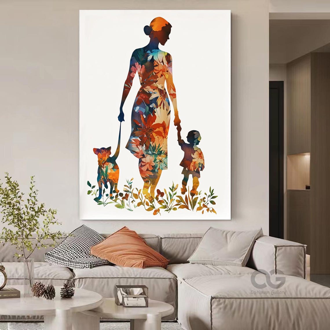 Abstract Colorful Silhouette Of Mother Child And Dog Floral Dress Simple Line Wall Art Gift For Girl Textured Modern Abstract Art Wall Decor - Image 4