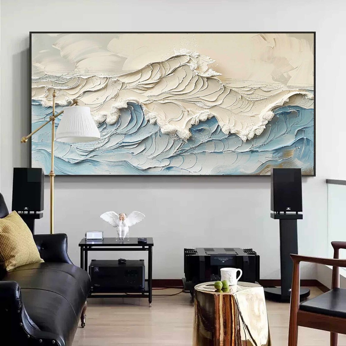 White Foam Blue Ocean Wave 3D Textured Painting Gold Framed Modern Wall Art - Image 5