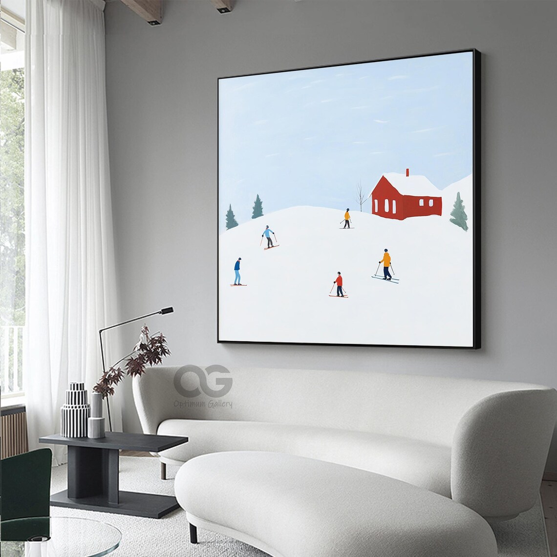 Cheerful Skiers Red Cabin Snowy Slope Winter Illustration Art Poster - Image 5