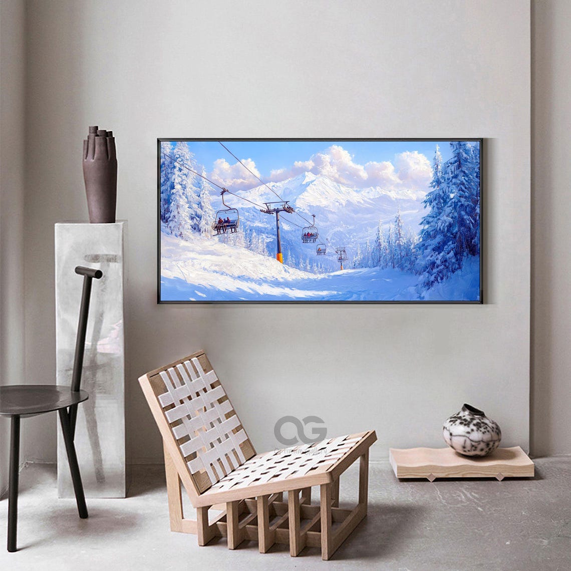 Gondola Cabins Snowy Ski Slope Tall Pines Blue Sky Mountain Poster - Image 2