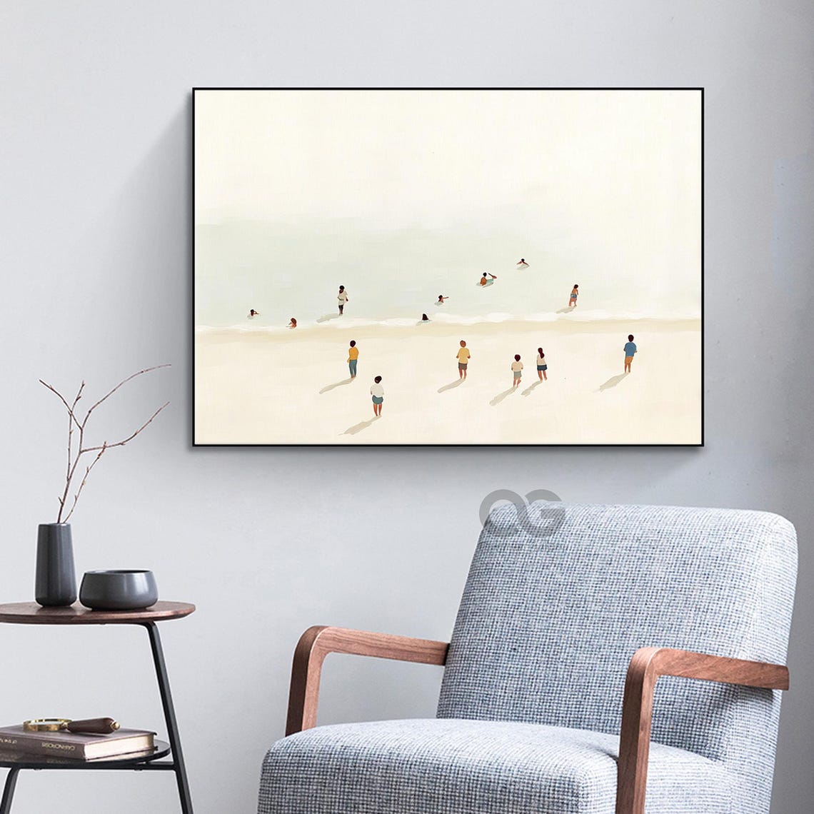 Tiny Swimmers Pale Sea White Sand Shore Minimalist Summer Scene Poster - Image 2