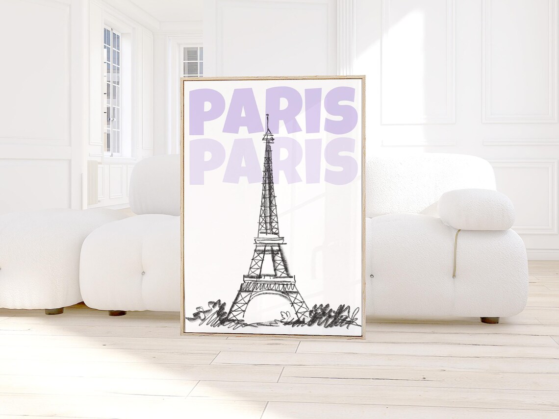 Paris France Eiffel Tower Sketch Purple Typography Travel Poster