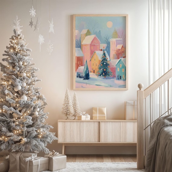 Colorful Christmas Village Print Abstract Winter Town Painting Cute Seasonal Decor Festive Holiday Wall Art