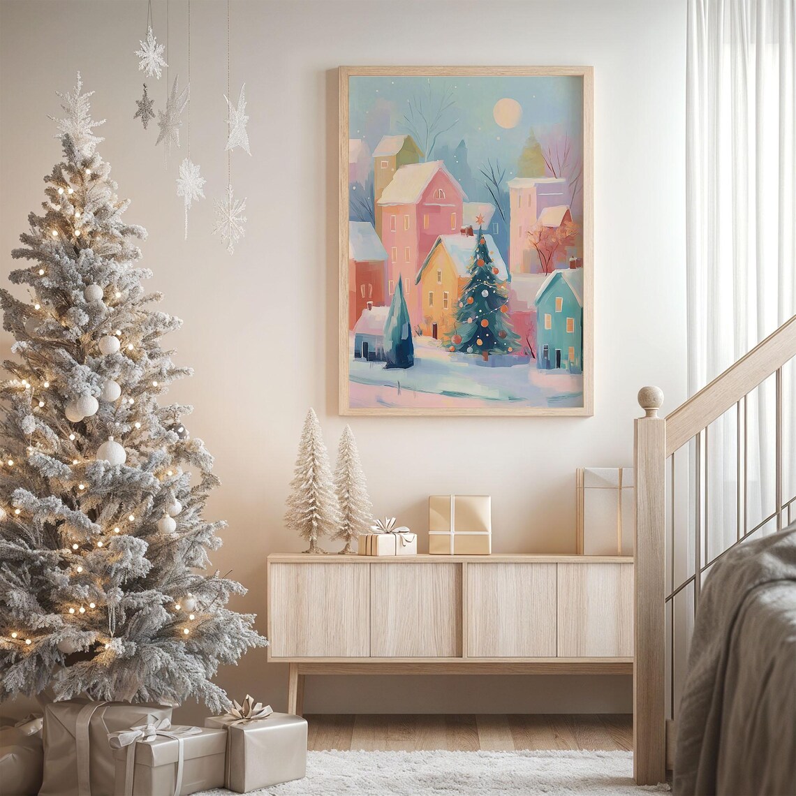 Colorful Christmas Village Snowy Winter Town Painting Poster