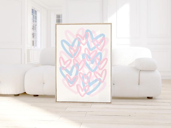 Pink Blue Preppy Hearts Print Trendy Wall Art Girly Dorm Room Decor College Apartment Abstract
