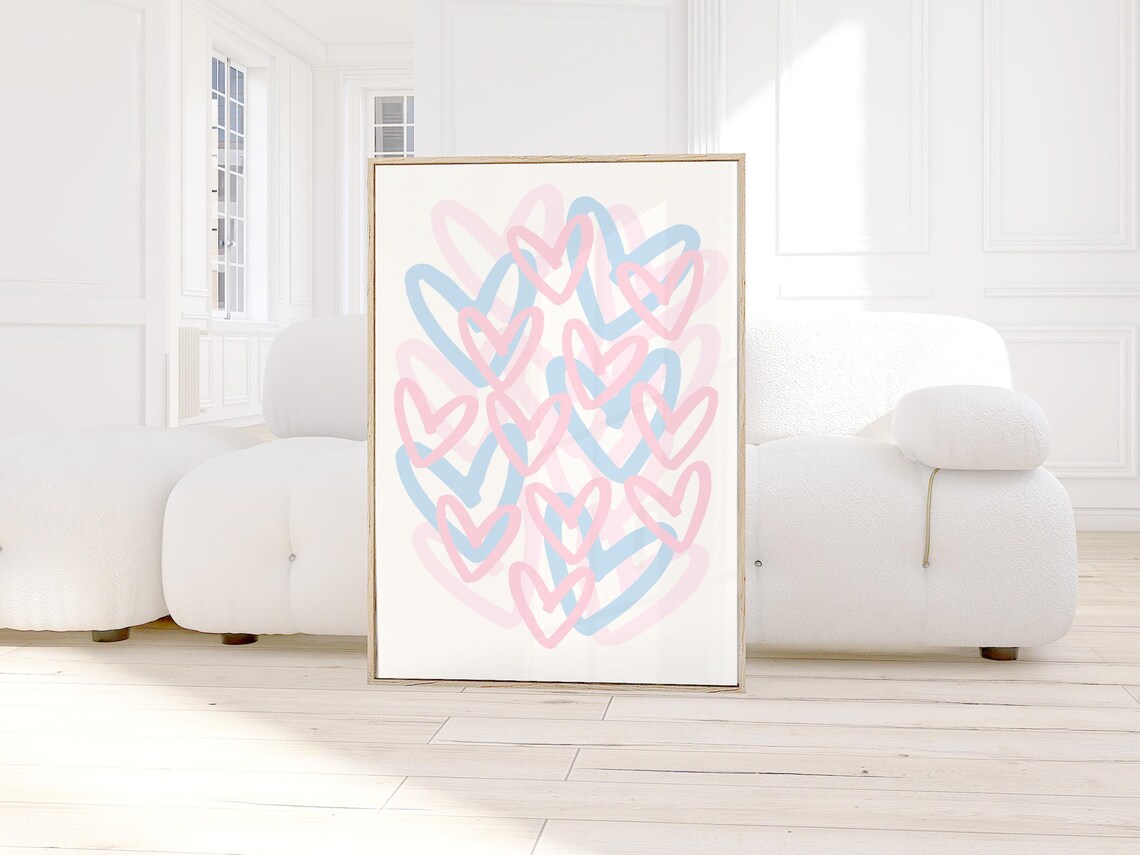 Pink Blue Preppy Hearts Outline Cute Girly Dorm Room Wall Decor Print