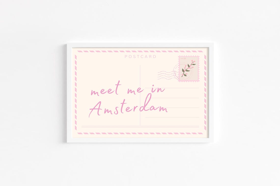 Meet Me In Amsterdam Pink Postcard Romantic Script Typography Print
