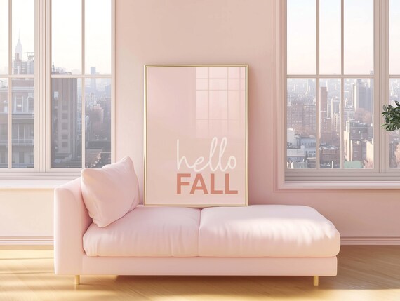 Pink Hello Fall Print Trendy Girly Autumn Poster Cute Seasonal Decor Light Wall Art Thanksgiving