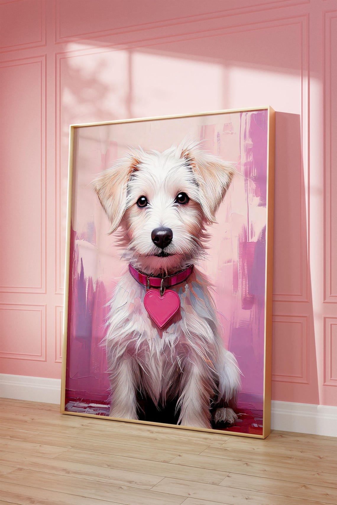 Sweet White Puppy With Pink Heart Collar Tag Painterly Dog Poster
