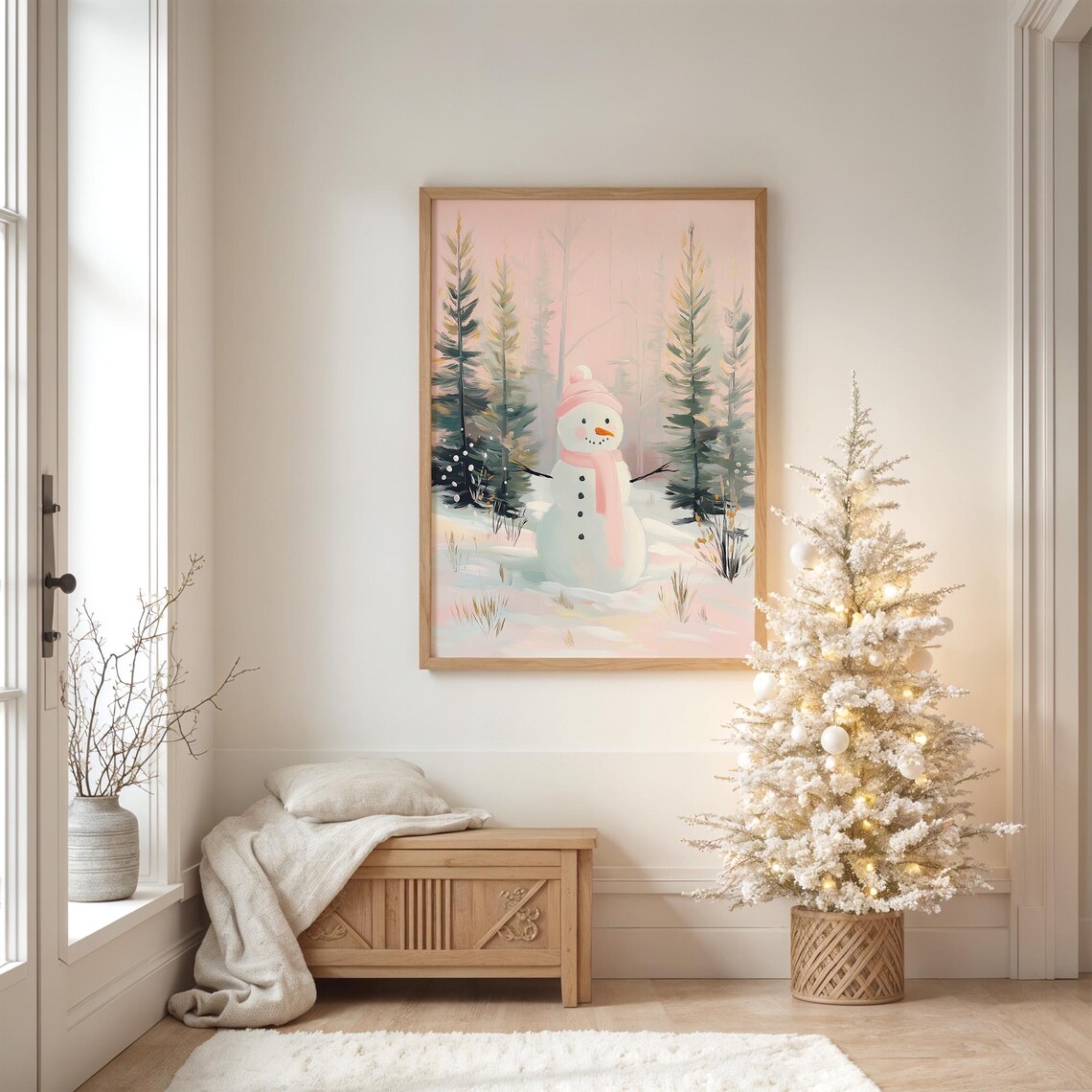 Cute Snowman Christmas Wall Art, Girly Winter Scene