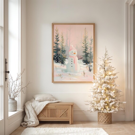 Cute Snowman Christmas Wall Art, Girly Winter Scene