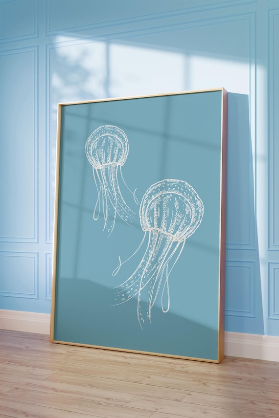Jellyfish Wall Art Print Blue Poster Light Beachy Room Decor Ocean