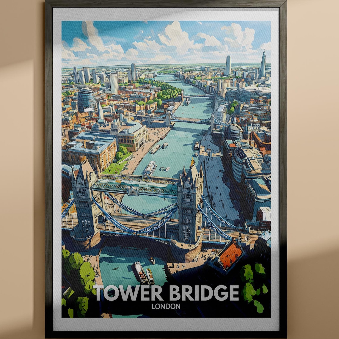 Tower Bridge London Aerial River Thames View Vintage Travel Art Poster