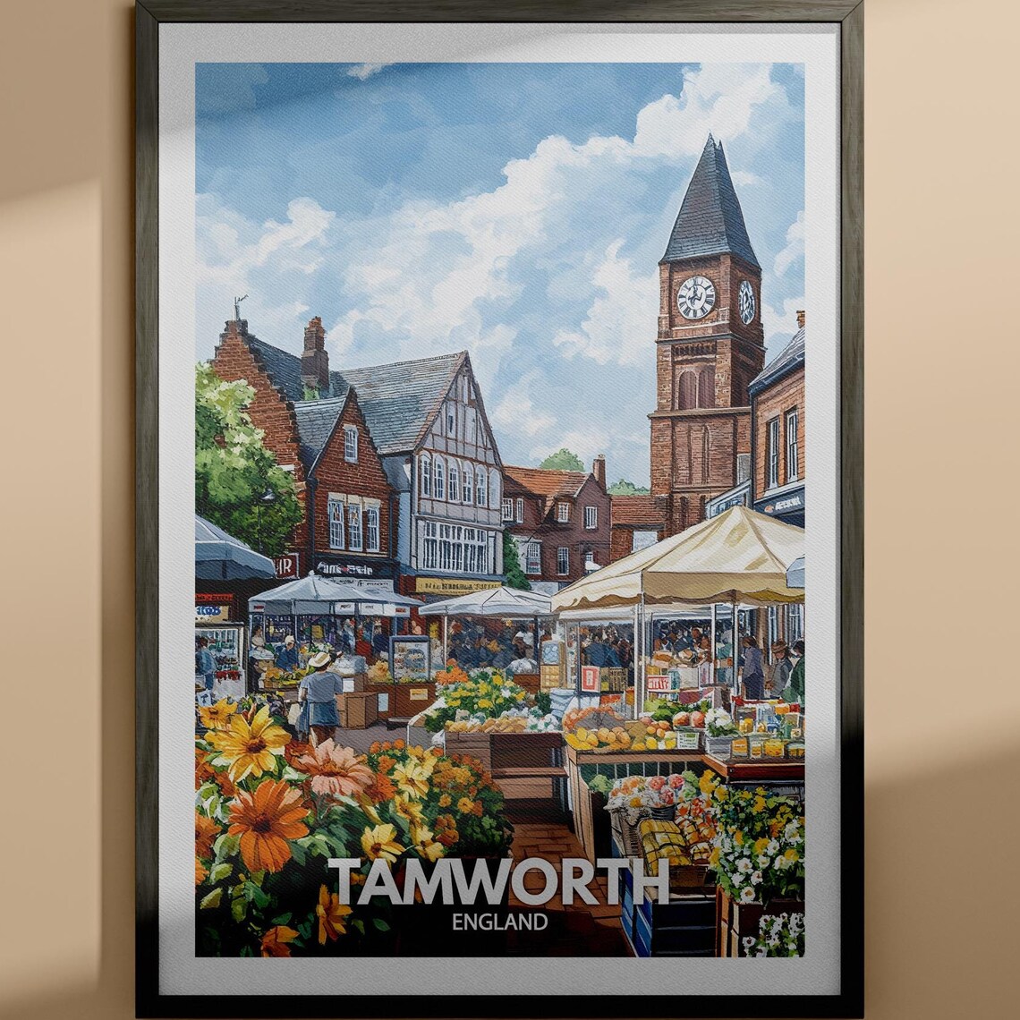 Tamworth England Market Square Clock Tower Flower Stalls Travel Poster