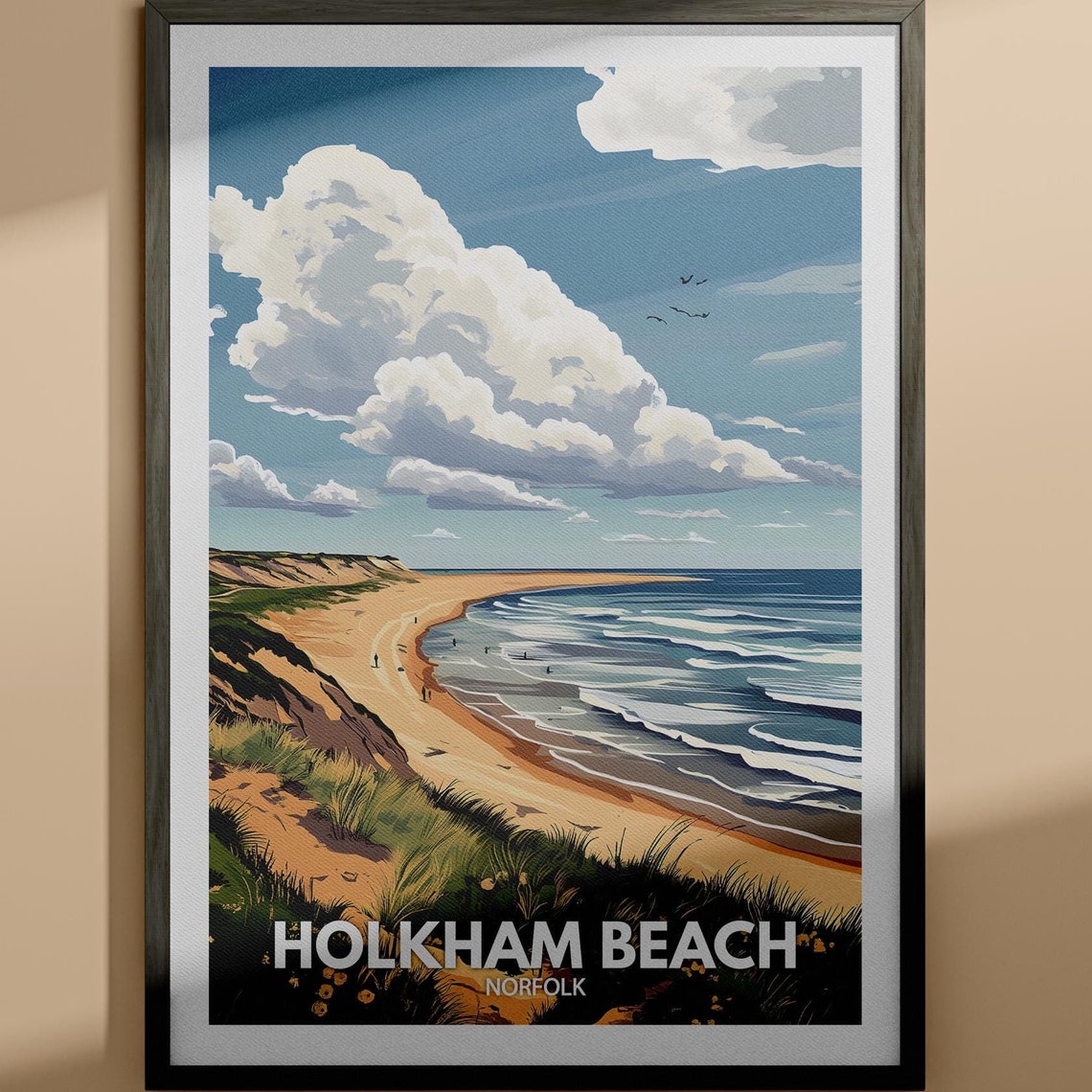 Holkham Beach Norfolk Wide Sand Grassy Dunes Vintage Travel Poster