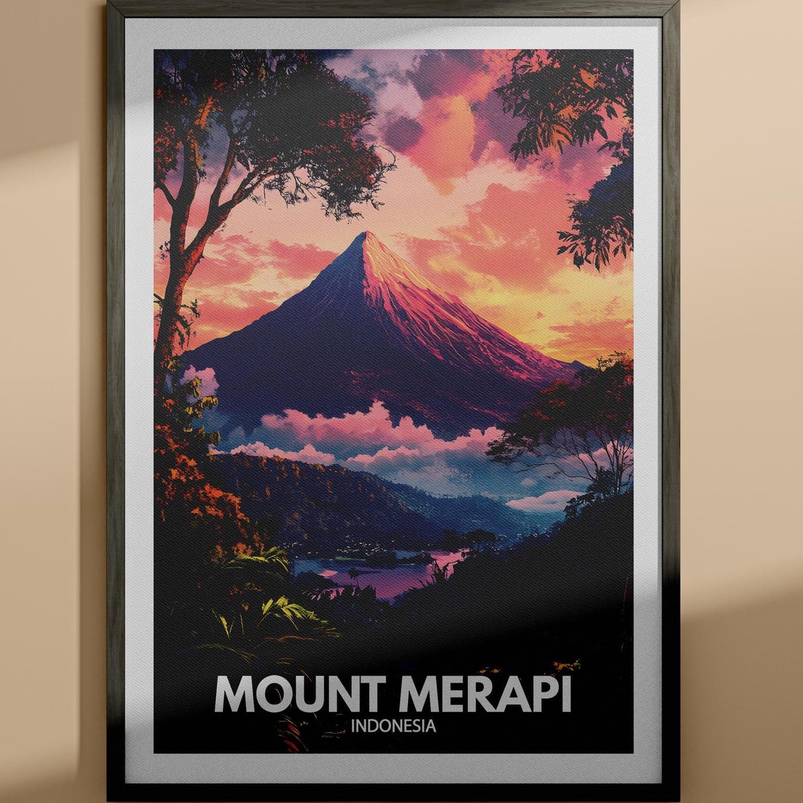 Mount Merapi Indonesia Volcano Sunset Vintage Travel Poster Art View