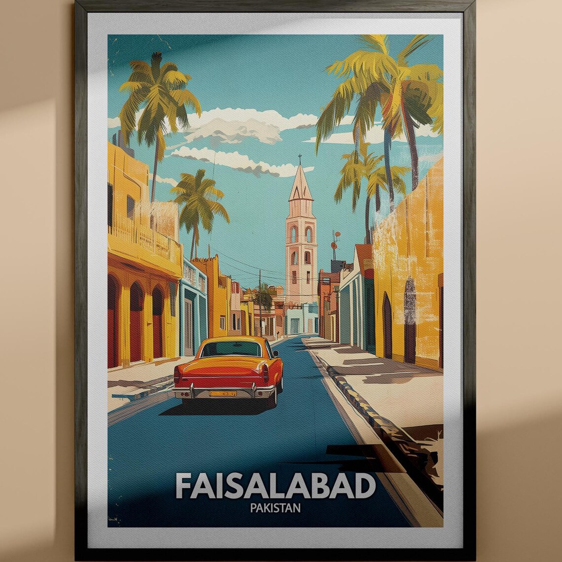 Faisalabad Pakistan Vintage Car Street Church Golden Travel Poster