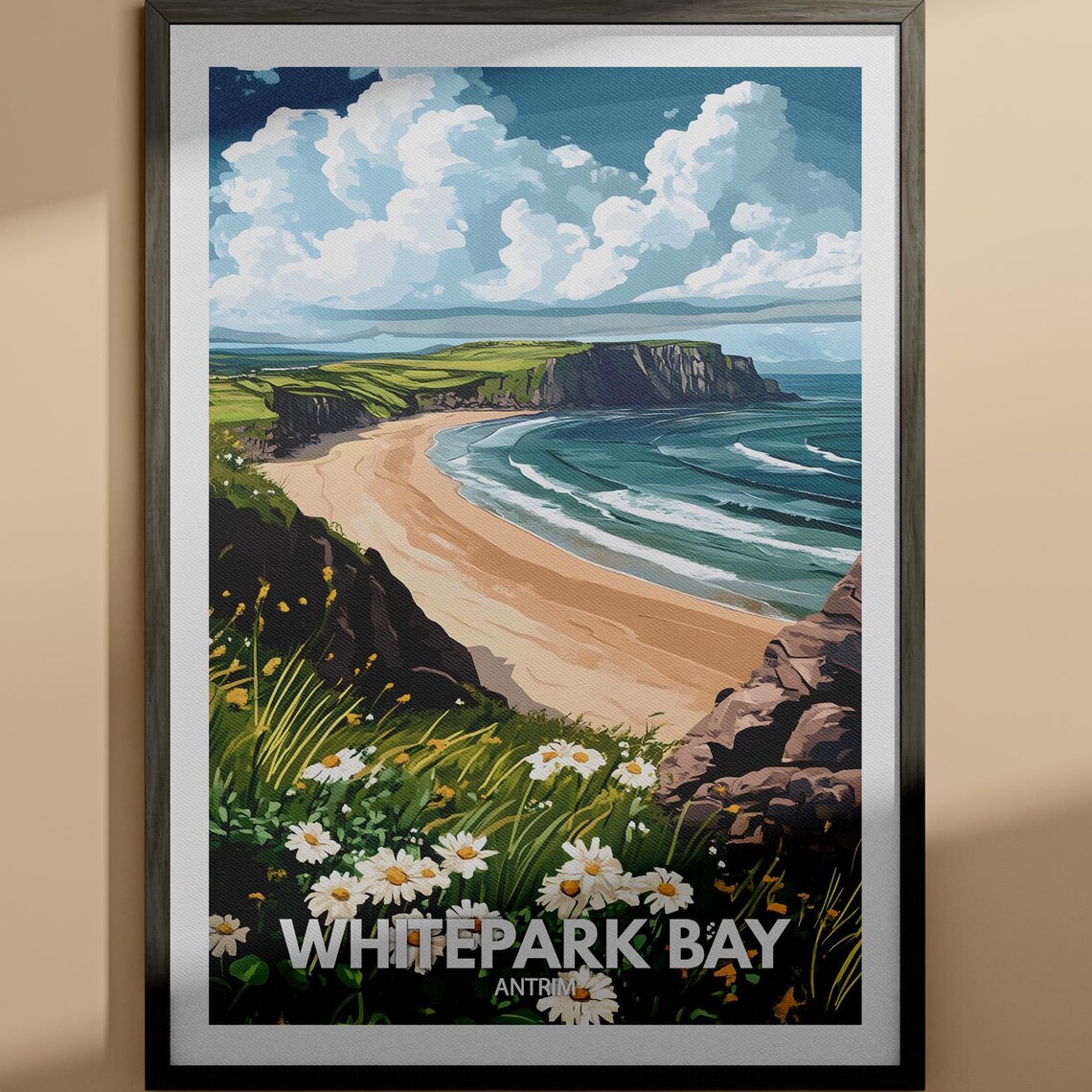 Whitepark Bay Antrim Sandy Bay Cliffs Daisies Vintage Travel Poster