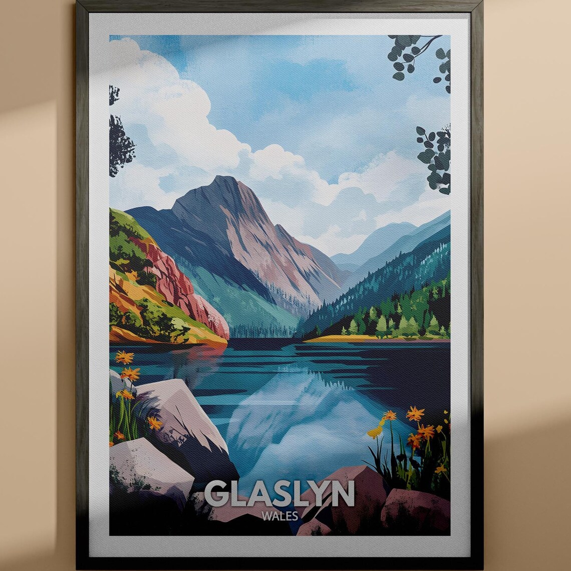Glaslyn Wales Mountain Reflection Wildflower Lake Travel Poster