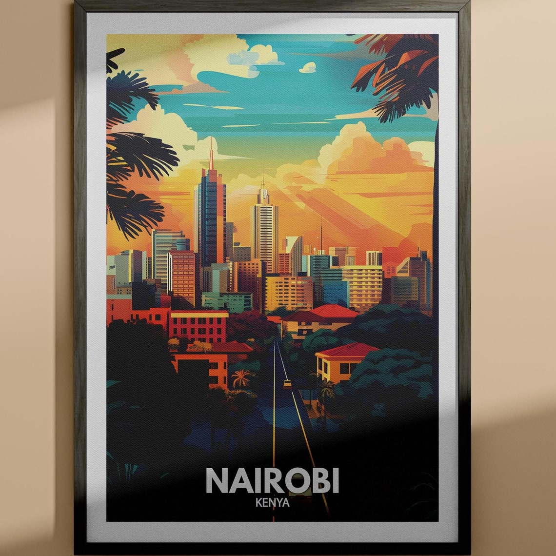 Nairobi Kenya City Skyline Sunset Palms African Travel Poster
