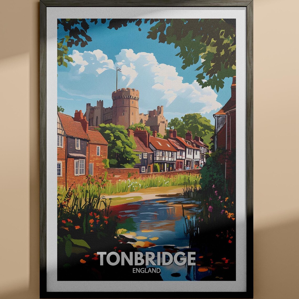 Tonbridge England Castle Riverside Cottages Vintage Travel Art Poster