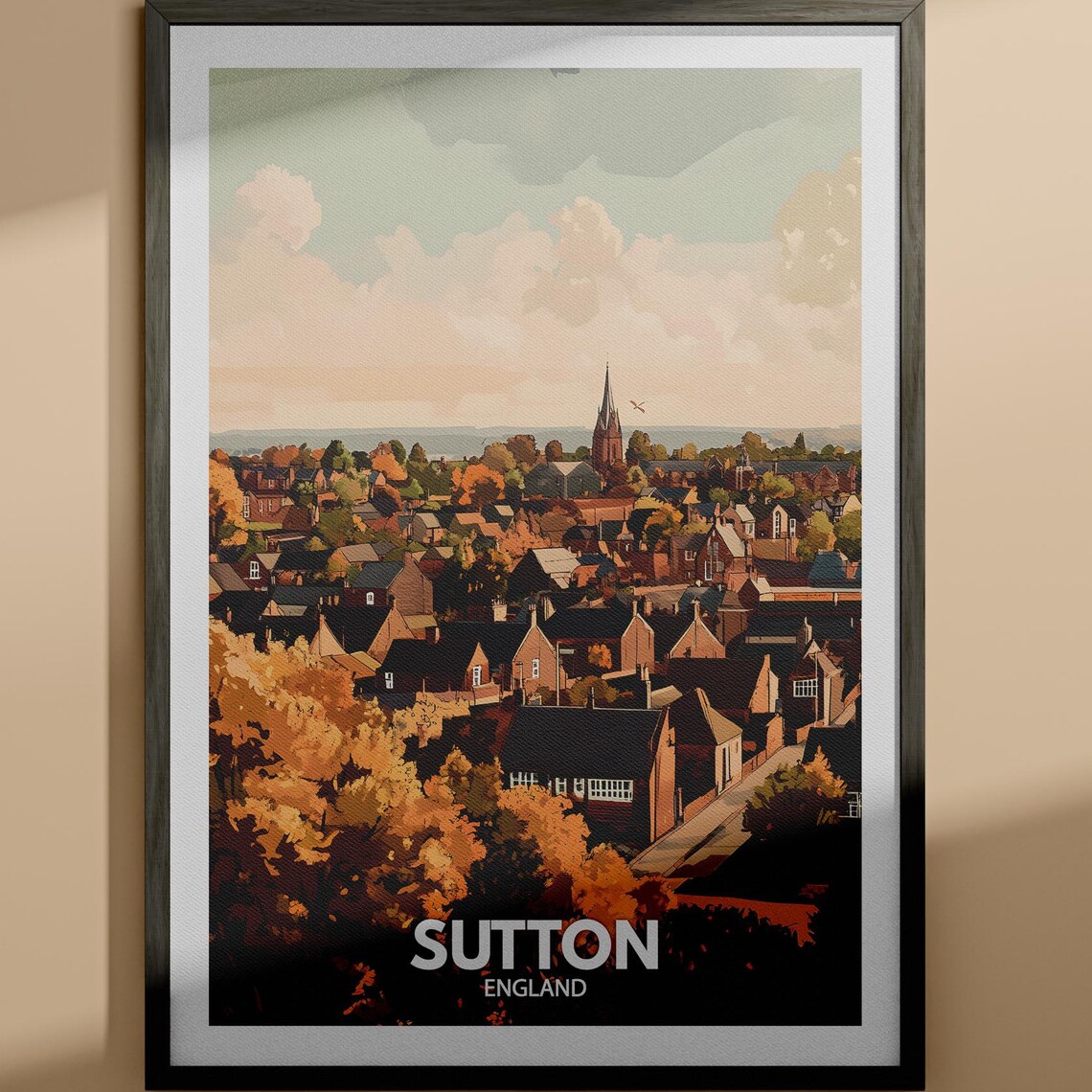 Sutton England Autumn Rooftops with Church Spire Vintage Travel Poster