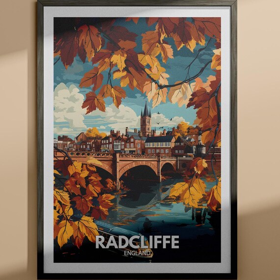 Radcliffe England Vintage Travel Poster Autumn Bridge View Scene