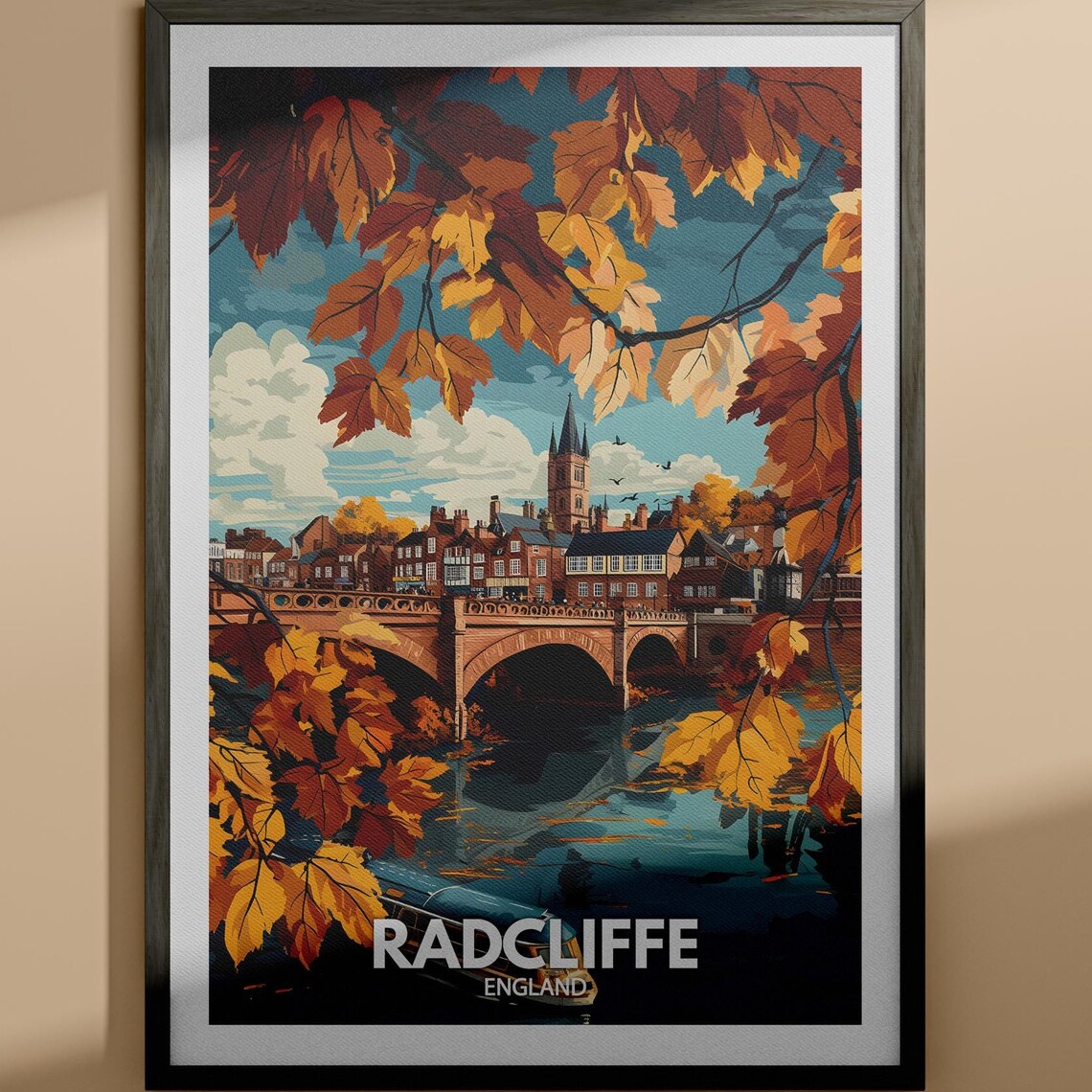 Radcliffe England Vintage Travel Poster Autumn Bridge View Scene
