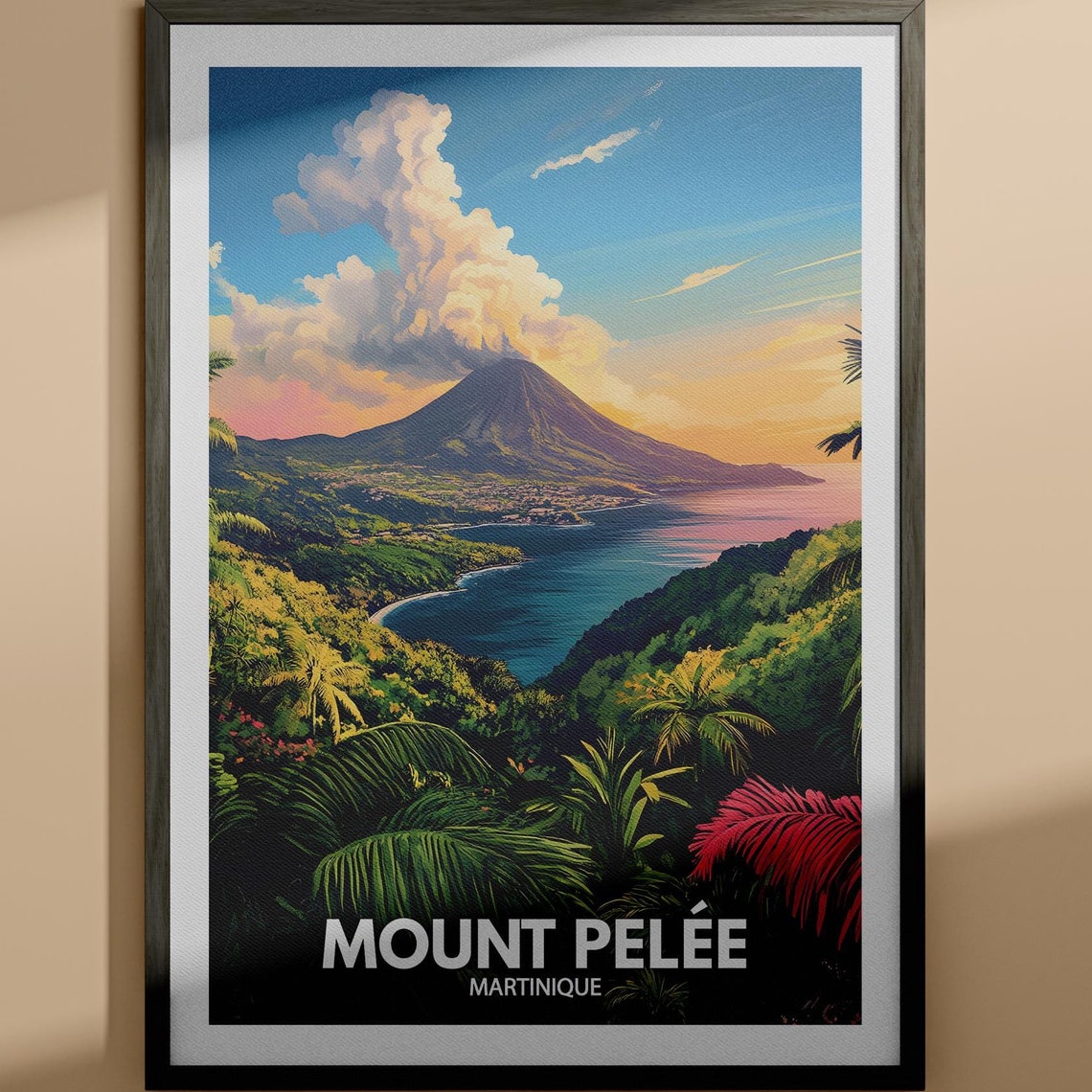 Mount Pelee Martinique Volcano Tropical Vintage Travel Poster