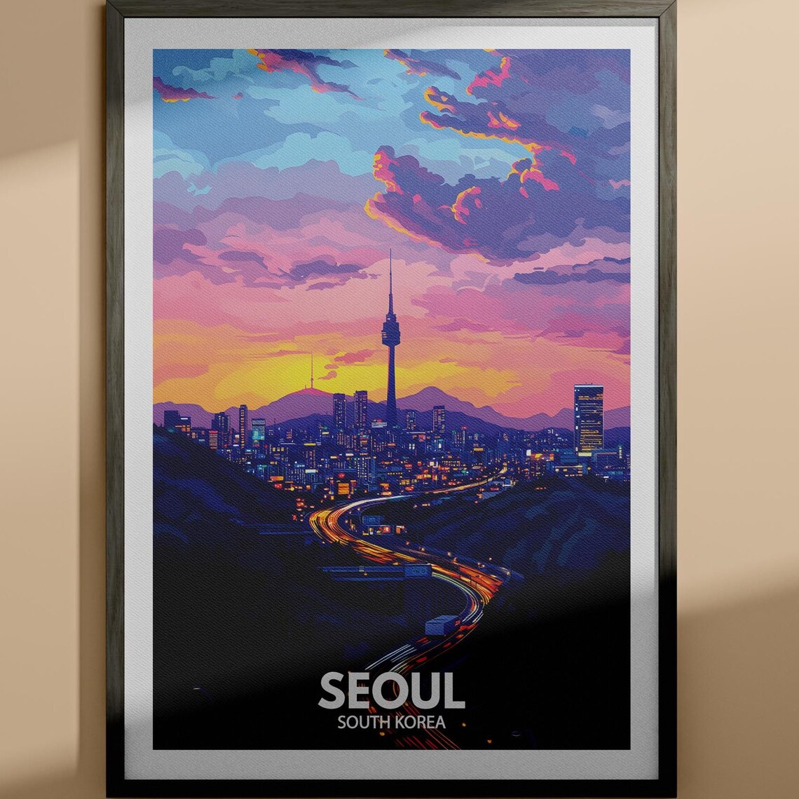 Seoul South Korea Travel Poster N Seoul Tower Night Skyline View