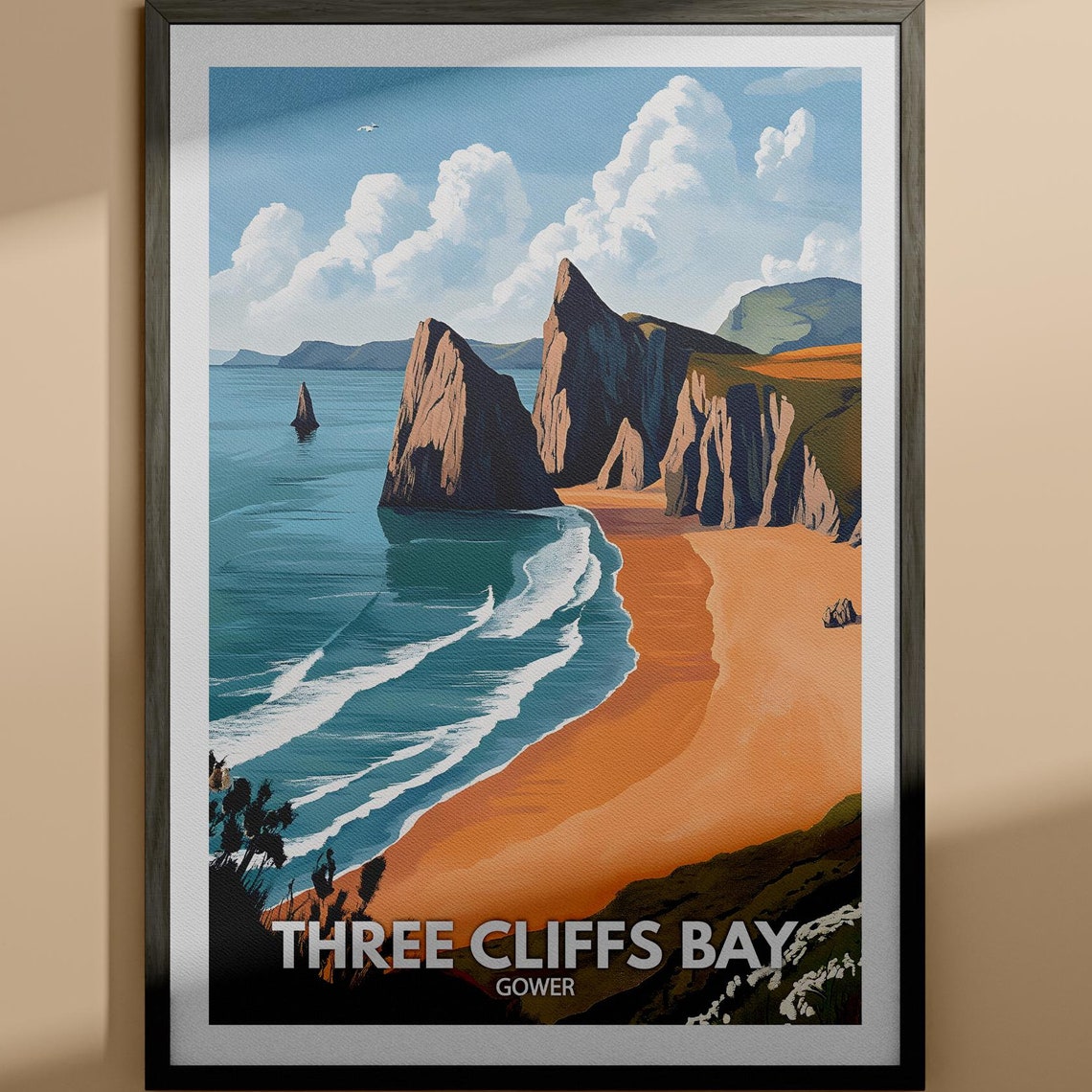 Three Cliffs Bay Gower Wales Sea Cliffs Golden Beach Travel Poster