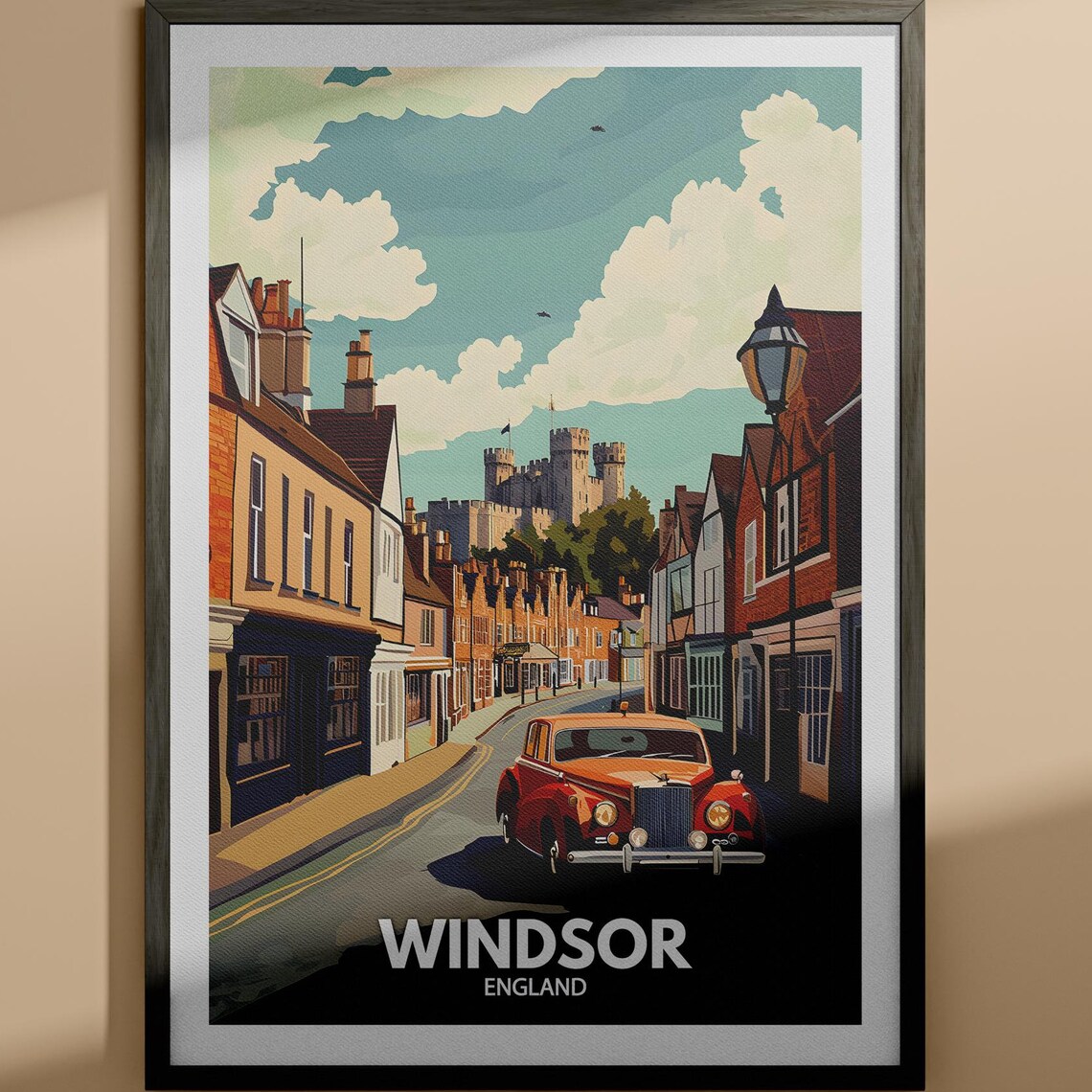 Windsor England Castle Street Vintage Classic Red Car Travel Poster