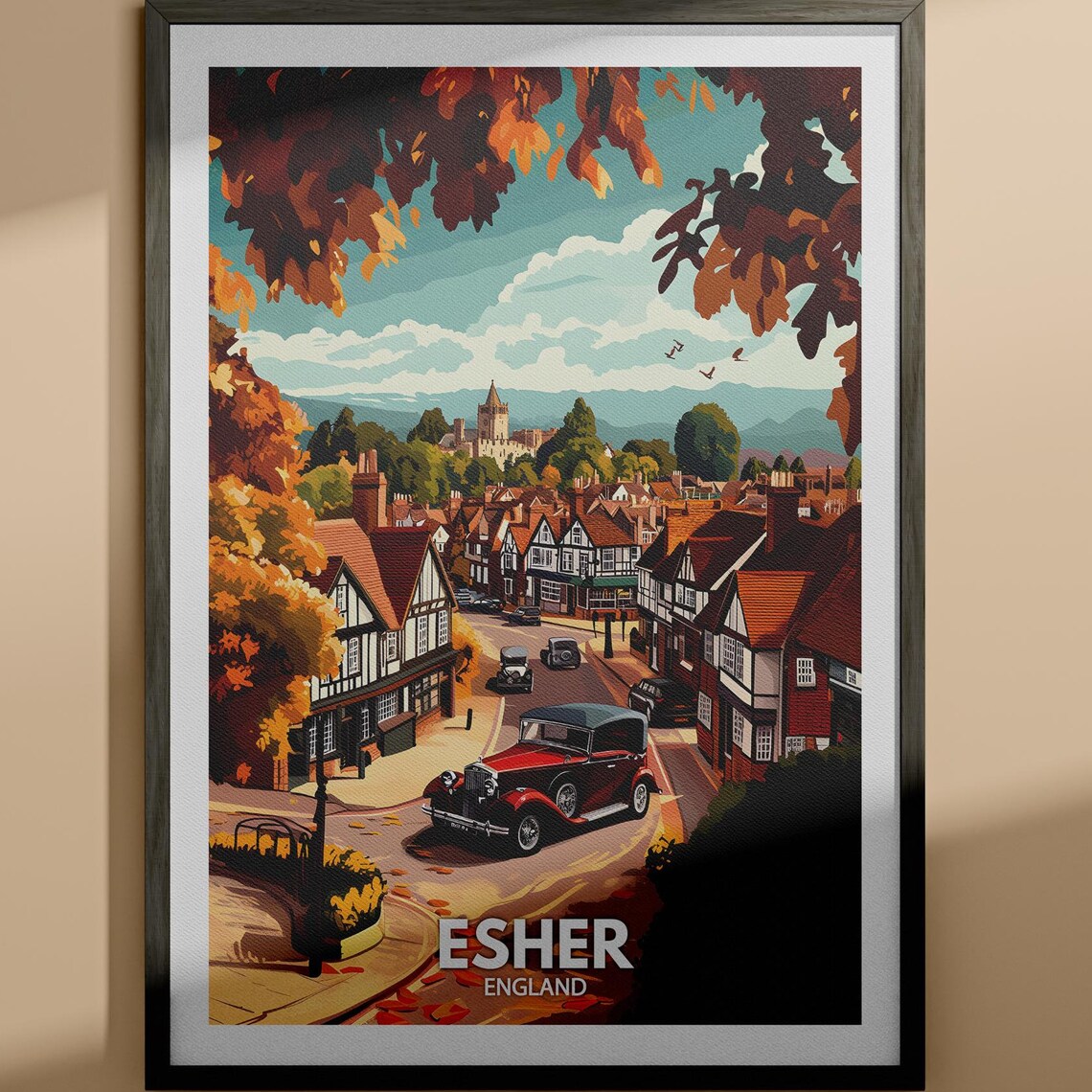 Esher England Autumn Old Town Vintage Car Street Scene Poster