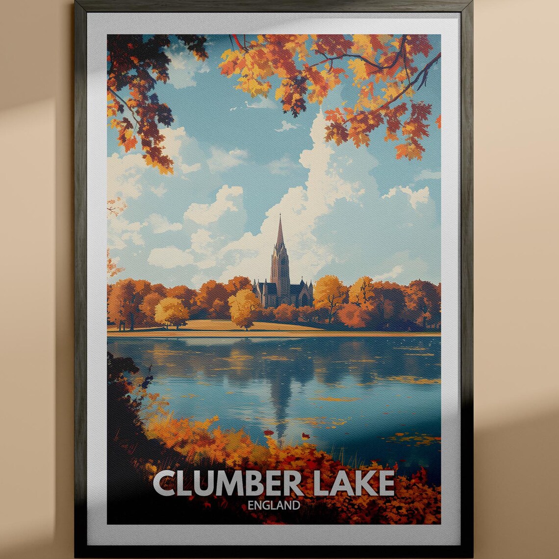 Clumber Lake England Autumn Lake Church Reflection Fall Travel Poster